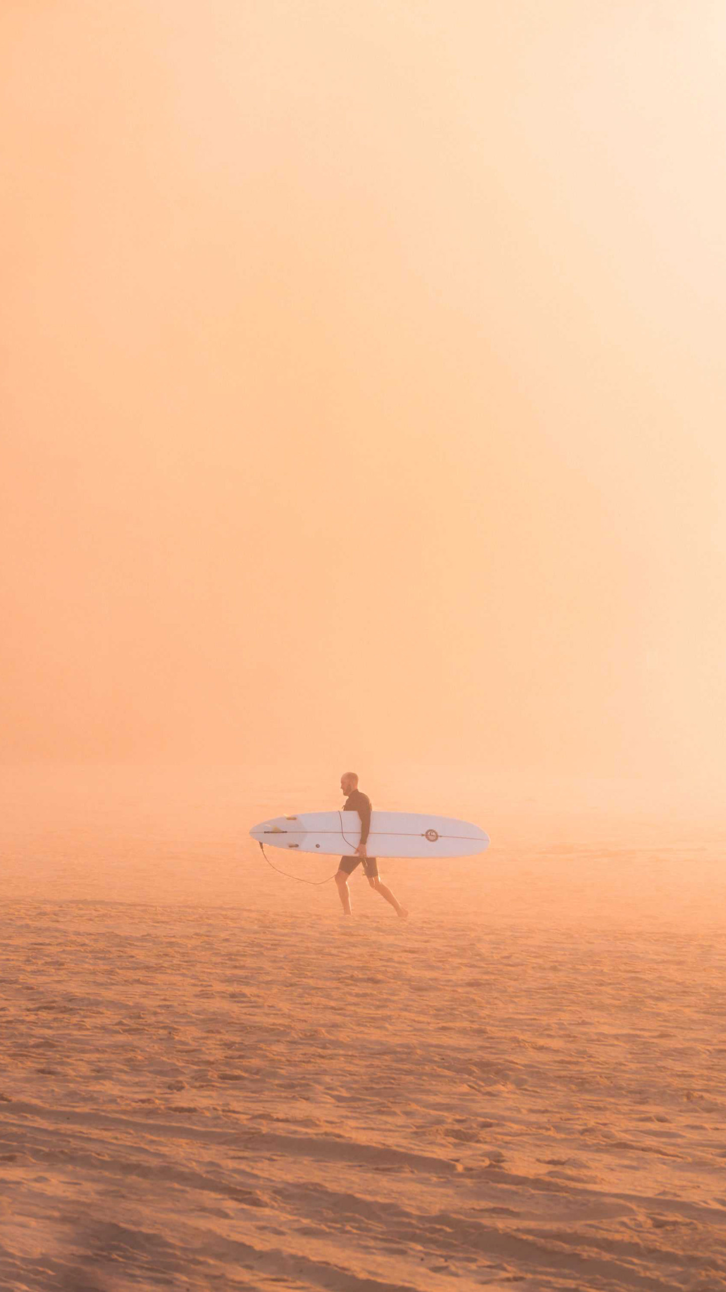 大雾笼罩的沙滩，抱着冲浪板走过的欧美男士手机壁纸