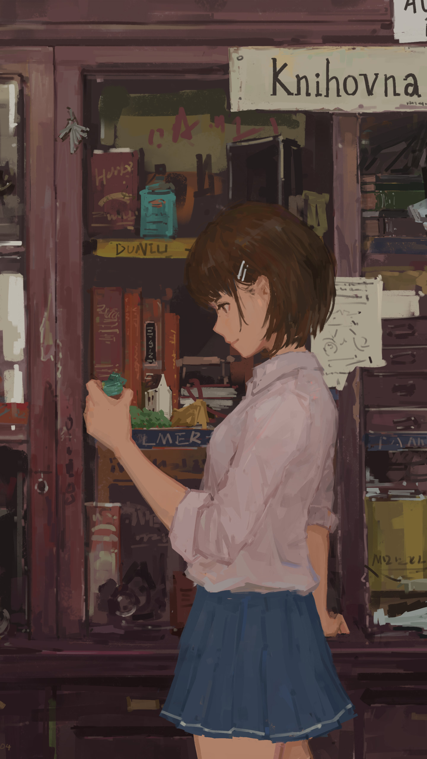 手绘在书架前的短发清纯动漫少女