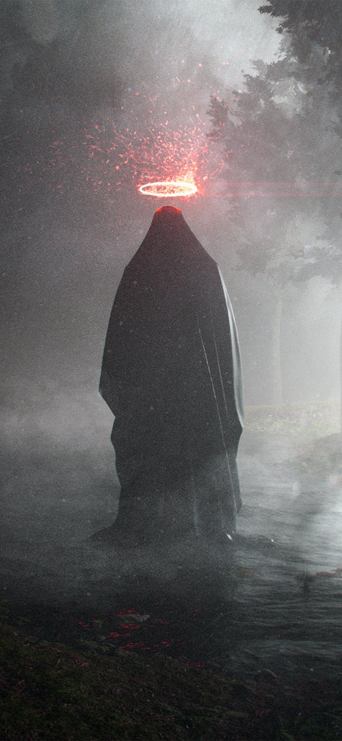 幽暗的森林披黑衣头上有光环的人物背影个性手机壁纸