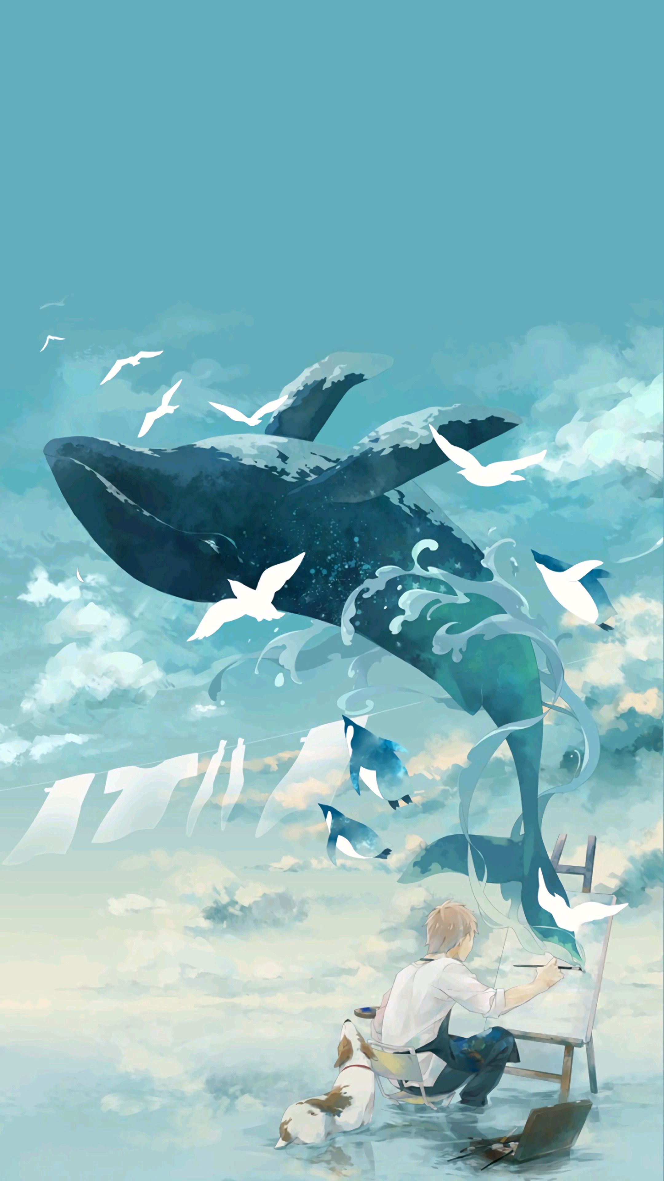 飞跃翻身的鲸鱼唯美手绘手机壁纸