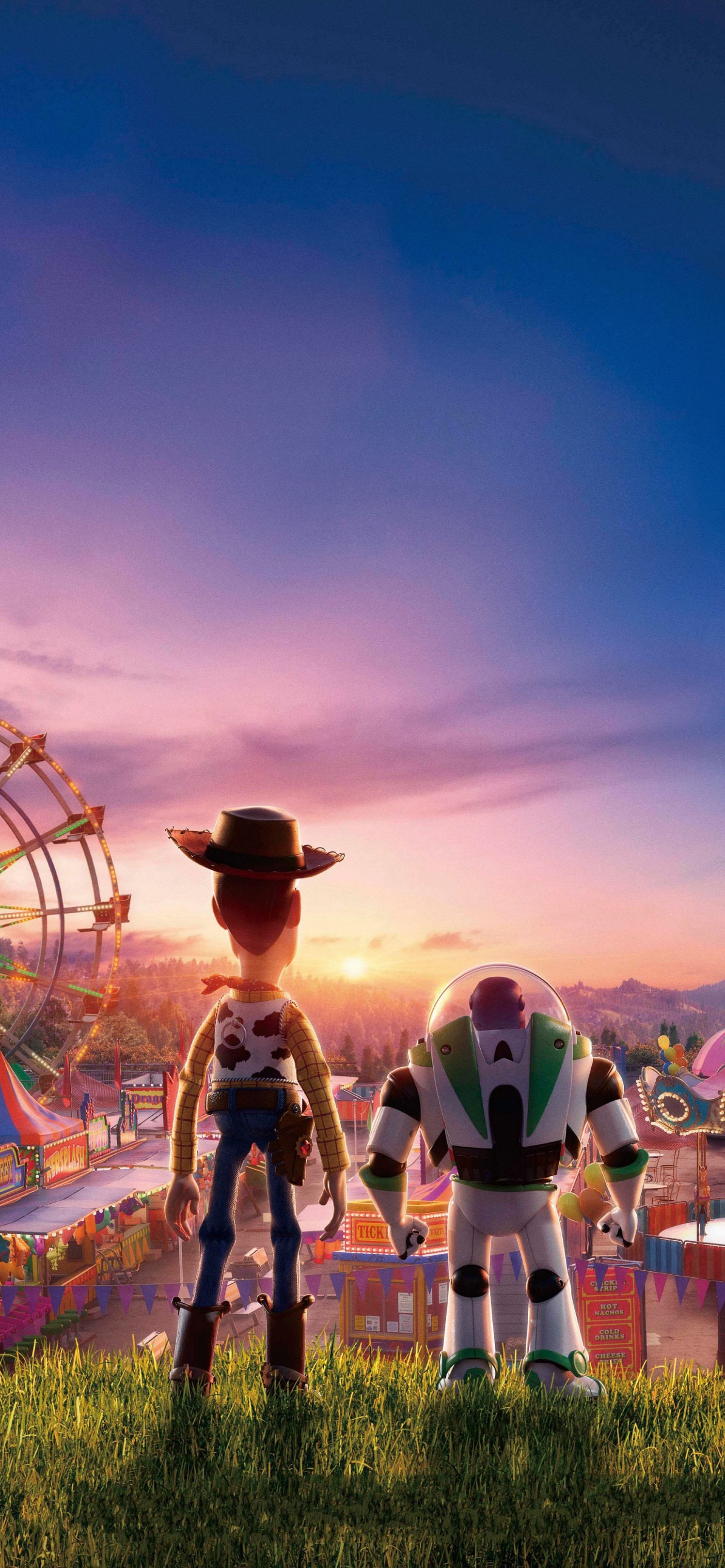 动漫电影玩具总动员角色站在草地看夕阳的唯美手机壁纸