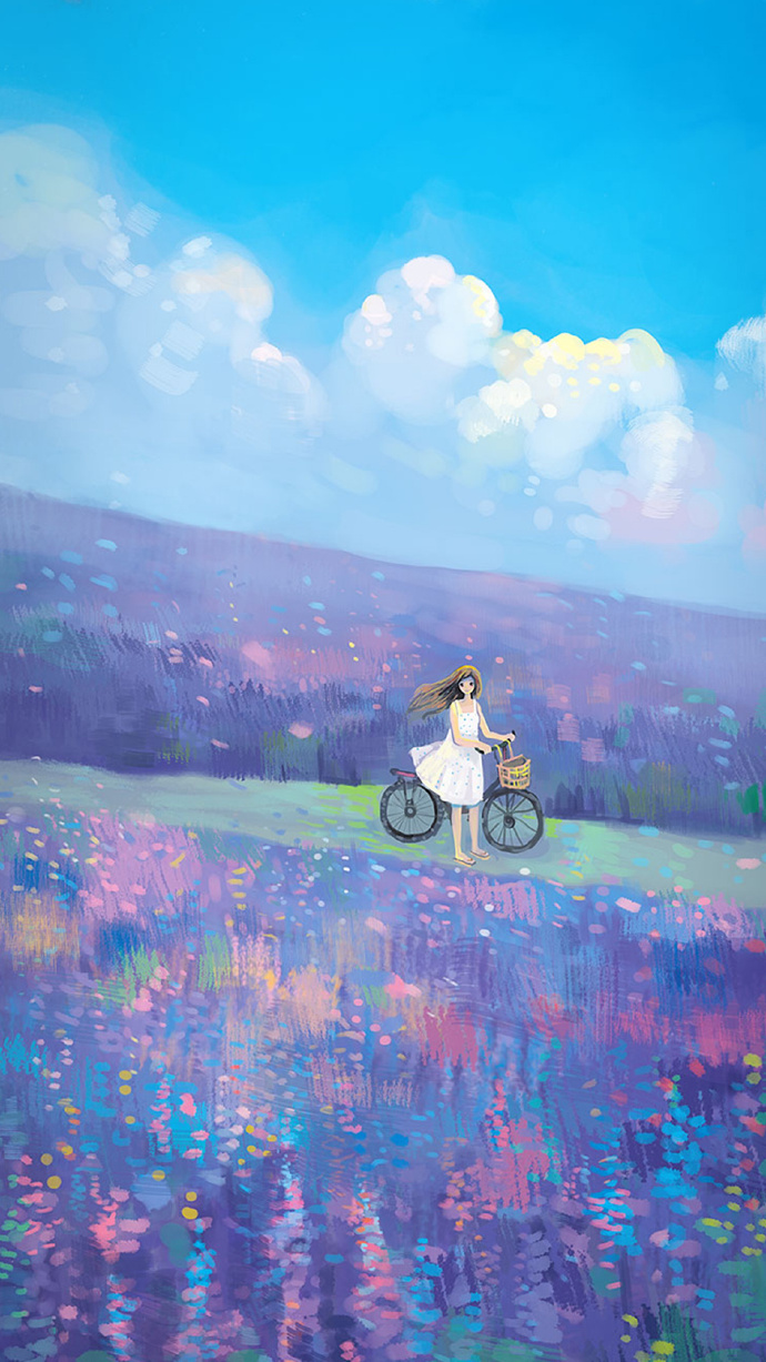 手绘紫色花海中的单车美女清新手机壁纸