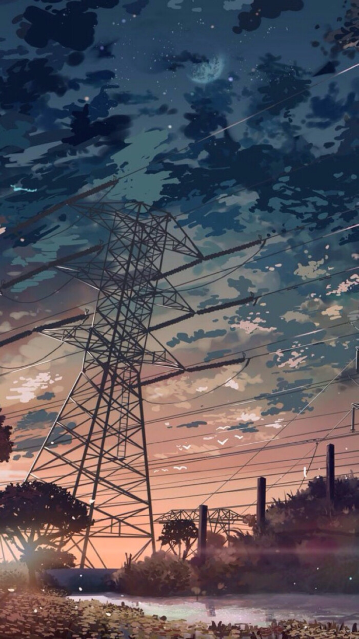 高压电线塔上的天空唯美动漫场景手机壁纸