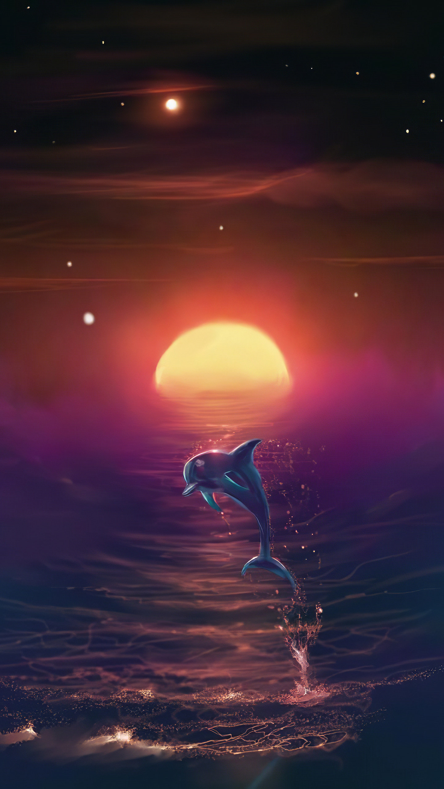 夕阳海面上飞起的海豚唯美手机壁纸