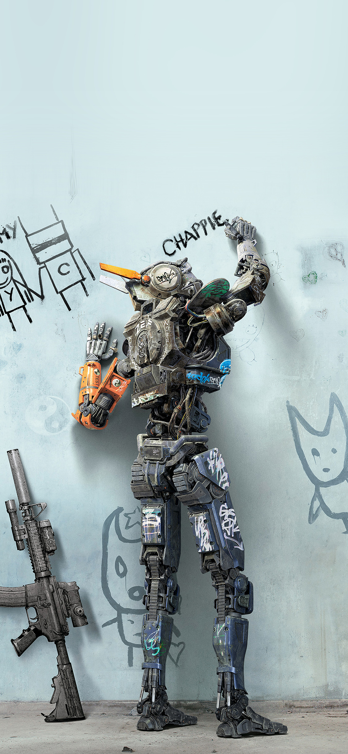 机器人电影“超能查派”机器人主角查派在墙壁写字的手机壁纸