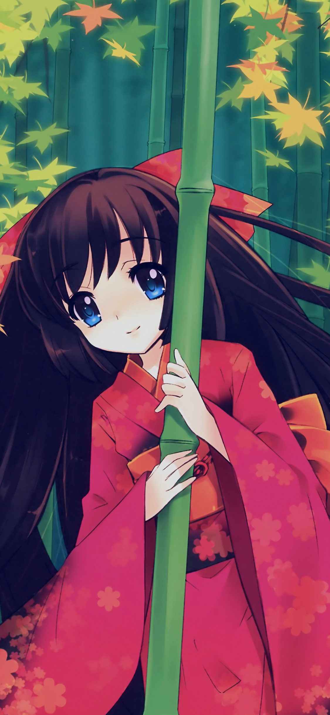 竹林抱着竹子穿红色和服的动漫少女手机壁纸