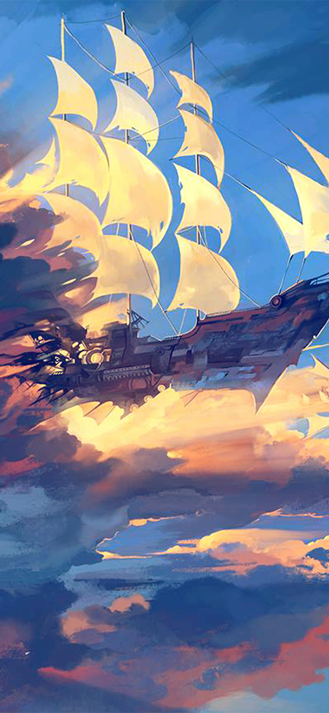 行驶在云上的帆船创意油画高清手机壁纸