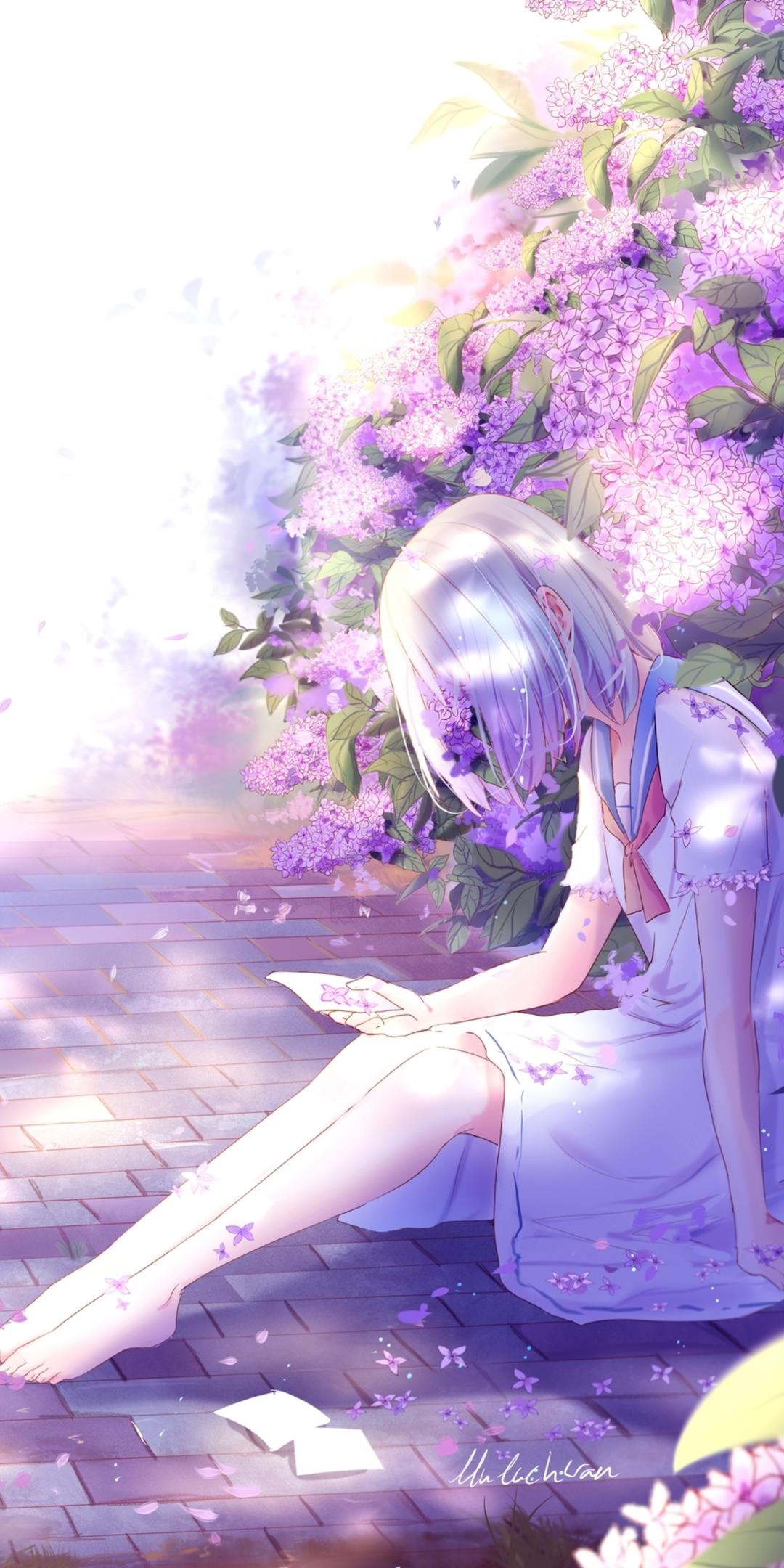 坐在花丛下的动漫美少女