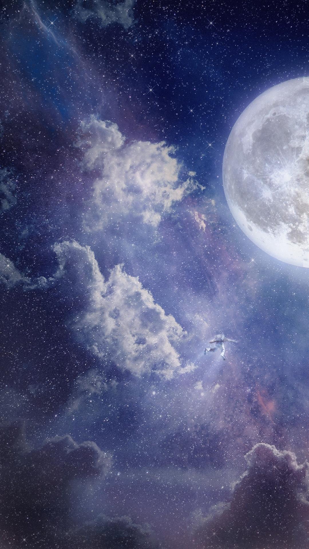 飞向月球的太空人奇幻星空手绘