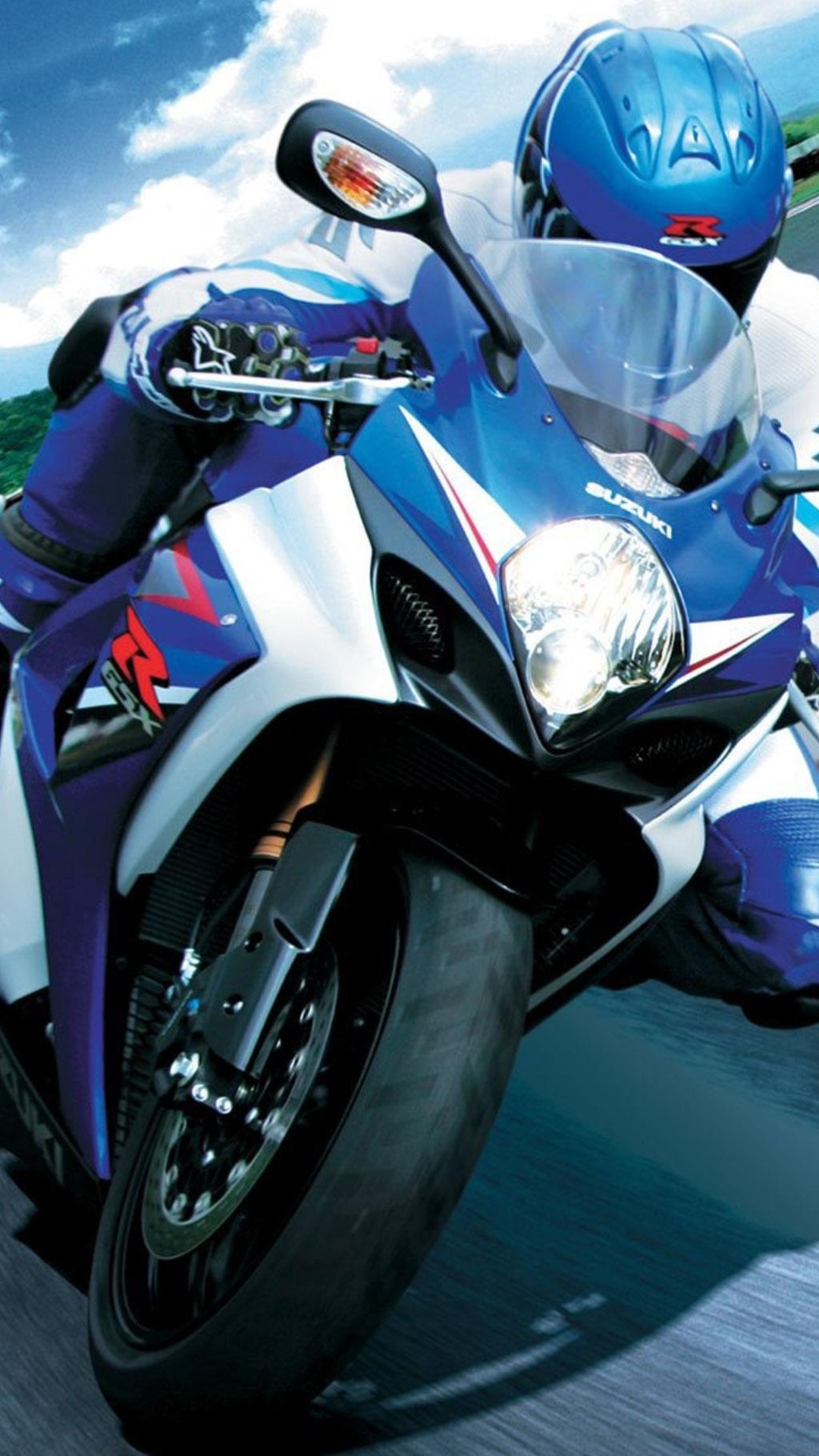 蓝白的铃木超级摩托车