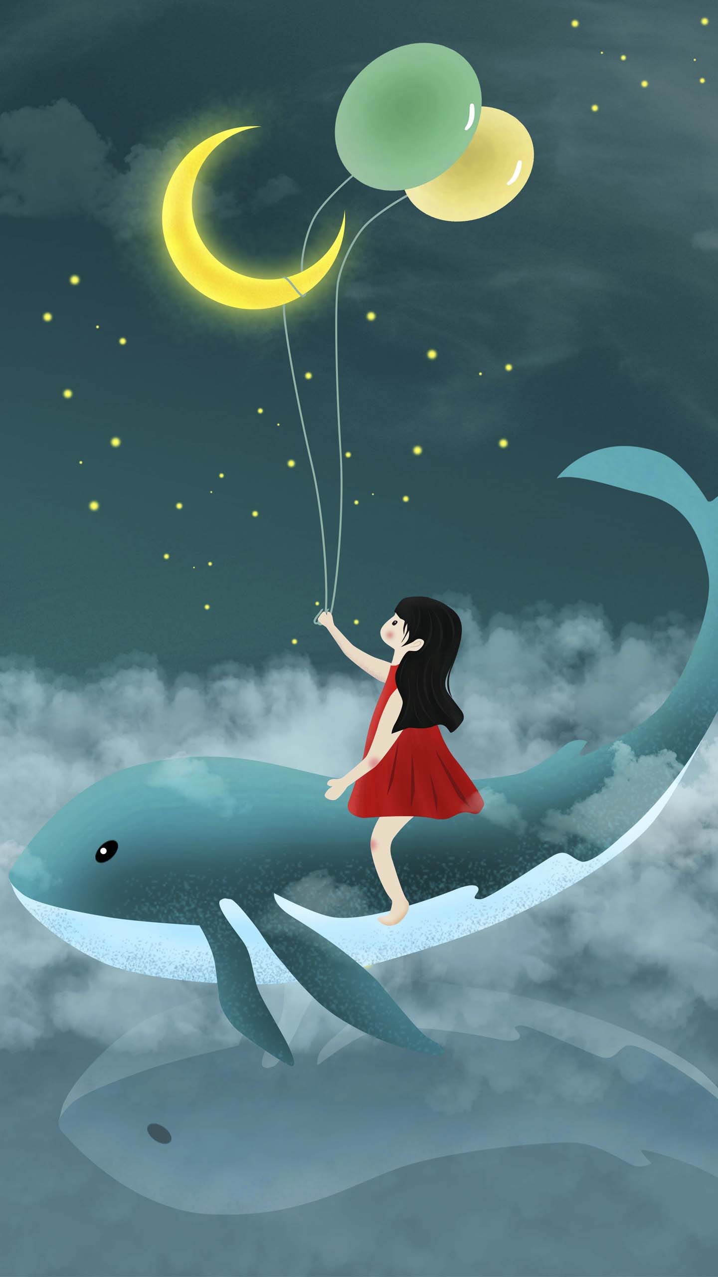 女孩与鲸鱼傲游天空插画