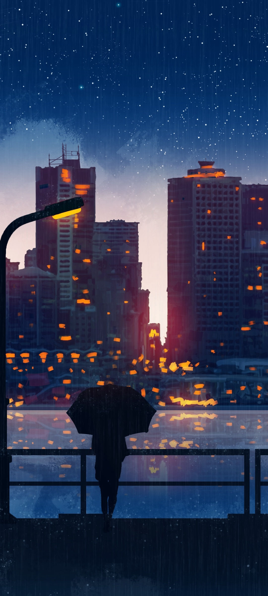 灯光辉煌的城市夜空，一个撑着伞的男人背影伤感手机壁纸图片