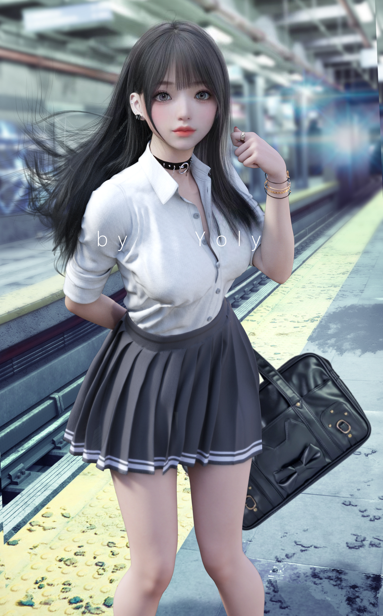 地铁站穿黑色百褶短裙手拿时尚包包的长发动漫少女手绘壁纸