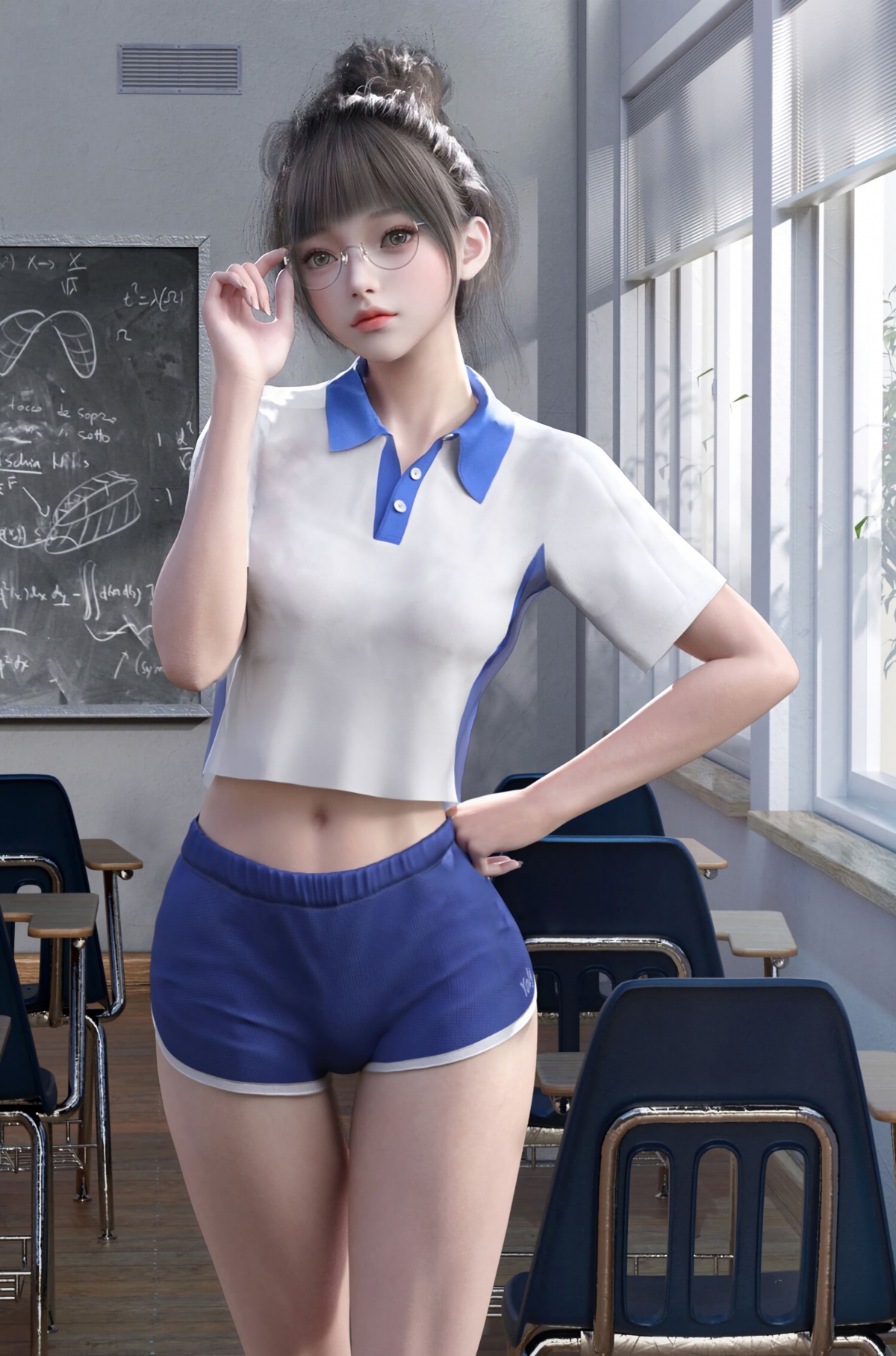 yoly莜莉 3D 运动 女孩 眼镜 蓝色短裤 班级 教室 4k手机壁纸竖屏 全屏