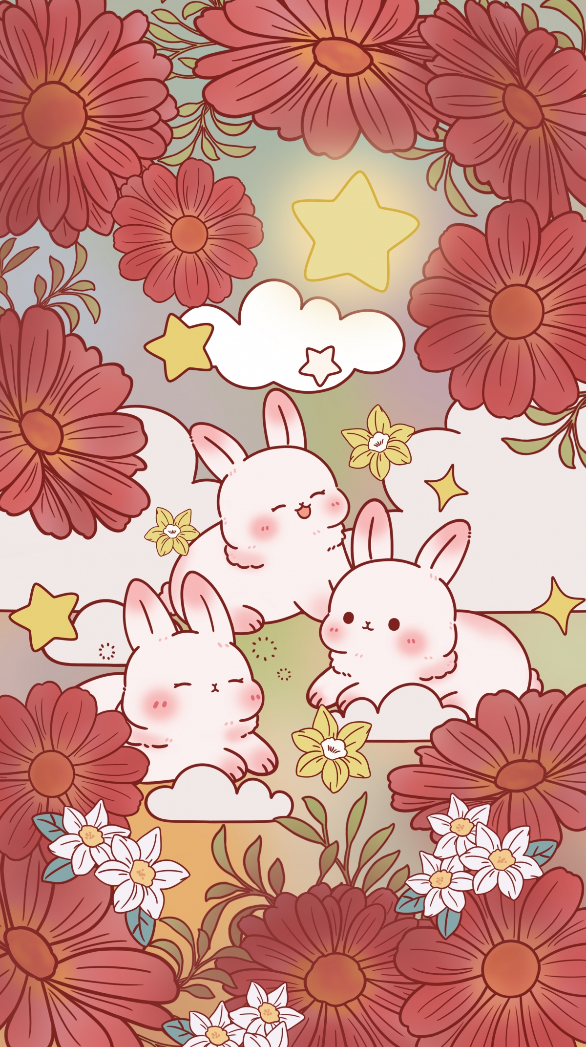 花丛中的可爱3只兔子4k手机壁纸图片