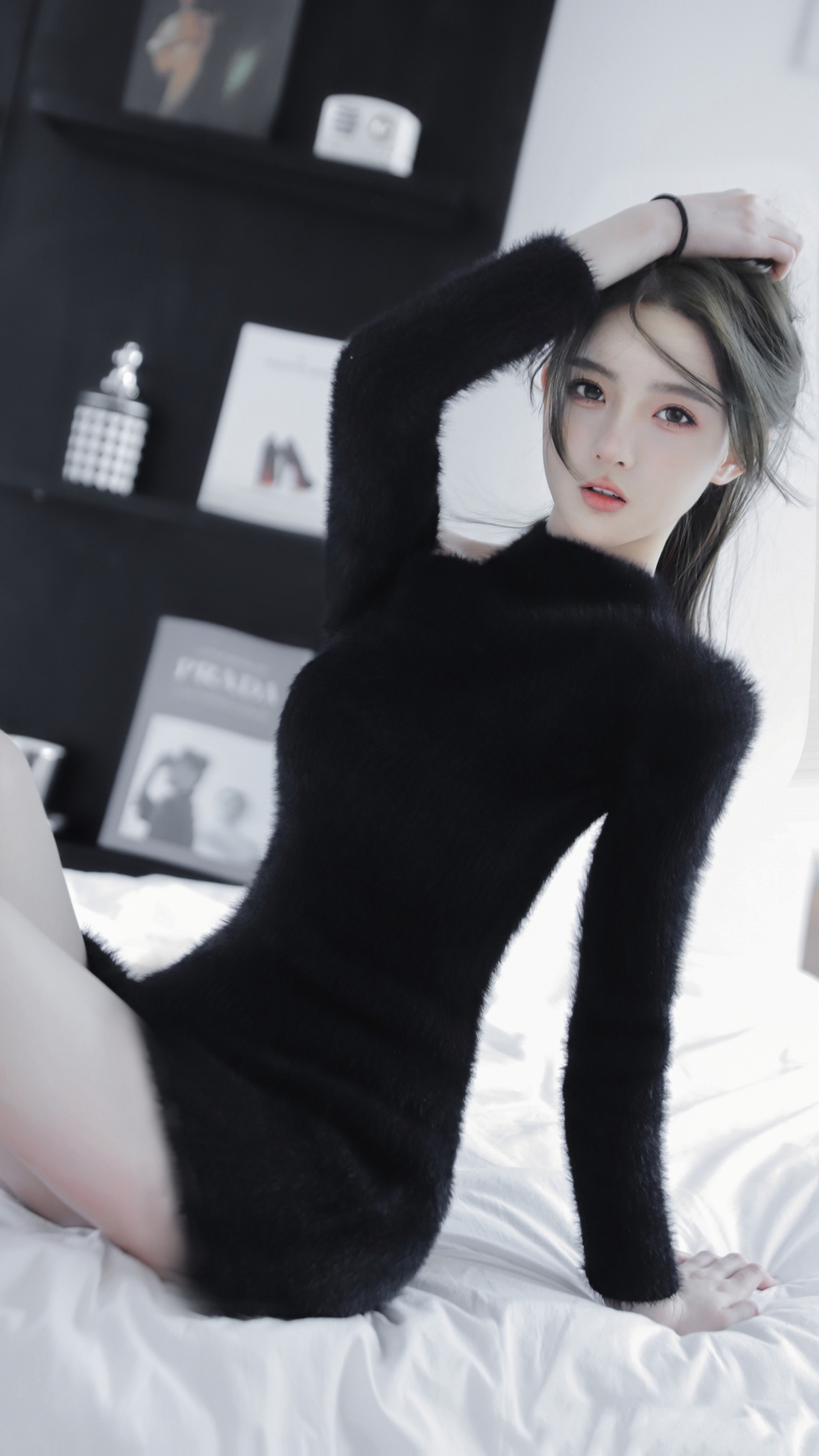 黑色毛衣 气质 美女 4k手机壁纸图片
