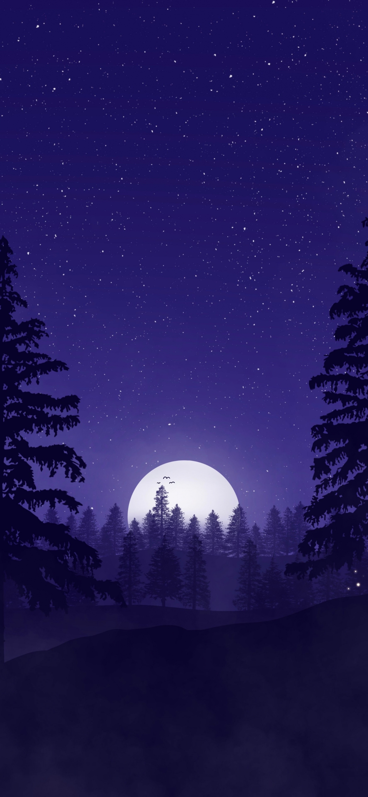 简约 山 森林 星空 月亮 4k背景图手机壁纸