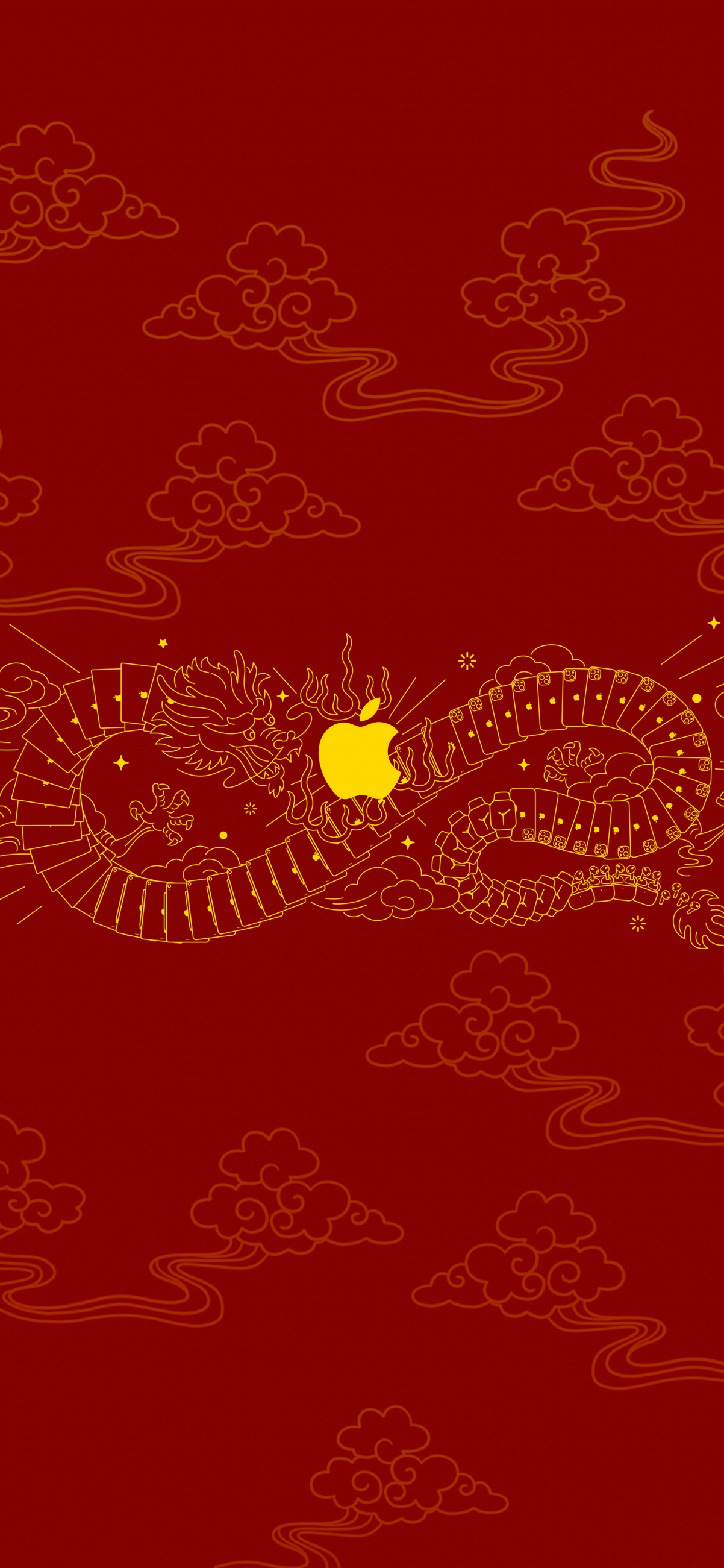 中国风 苹果龙年logo 红色喜庆 5K手机壁纸图片
